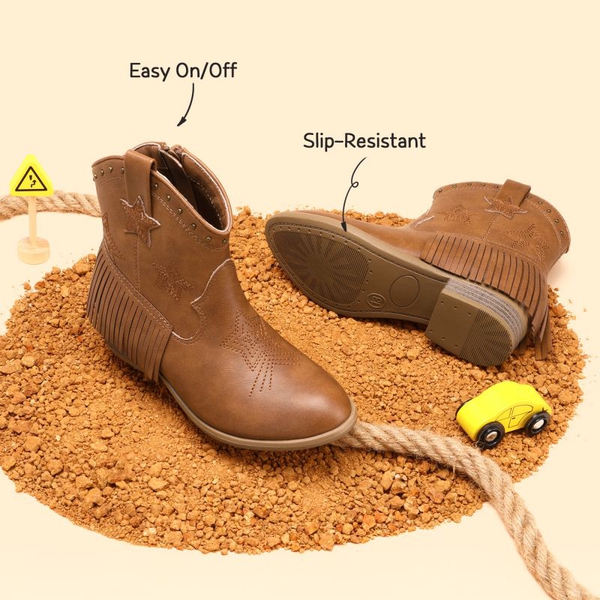 Girls Star Pattern Western Cowgirl Boots - CAMEL - 4